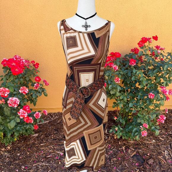 Vintage 90s brown and tan geometric midi dress - Picture 1 of 7